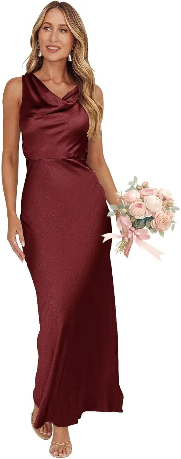 Ouyisha Satin Bridesmaid Dresses Maxi Open Back Cowl Neck Dress for Women Silk Wedding Guest Dresses 2025