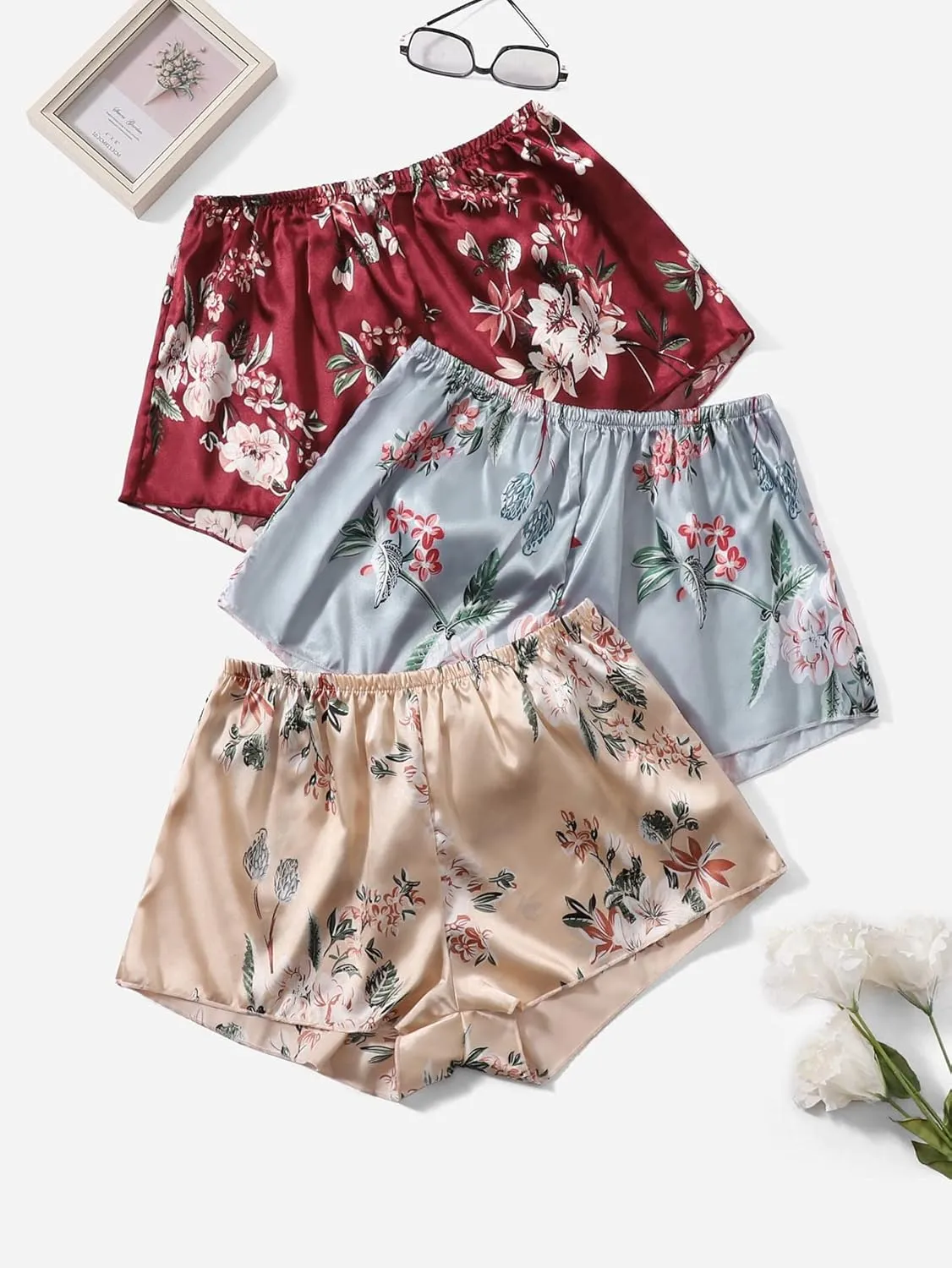 OYOANGLE Women's 3 Pieces Floral Print Satin Sleep Pajama Shorts Loungewear Shorts