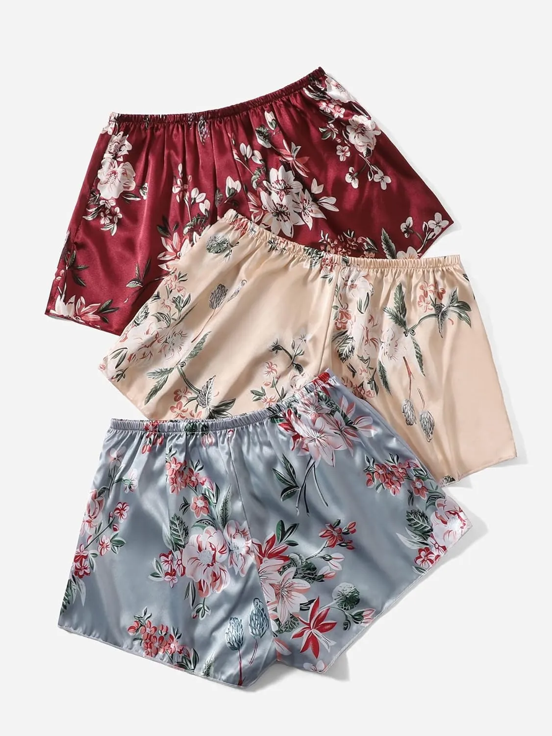 OYOANGLE Women's 3 Pieces Floral Print Satin Sleep Pajama Shorts Loungewear Shorts