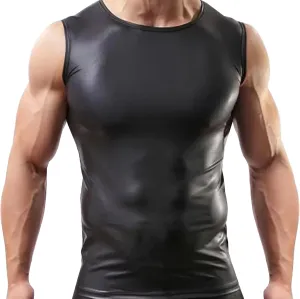 Panegy Men's Black Leather Tshirt Short Sleeve PVC Tunic & Sleeveless Tank Top M-XXL