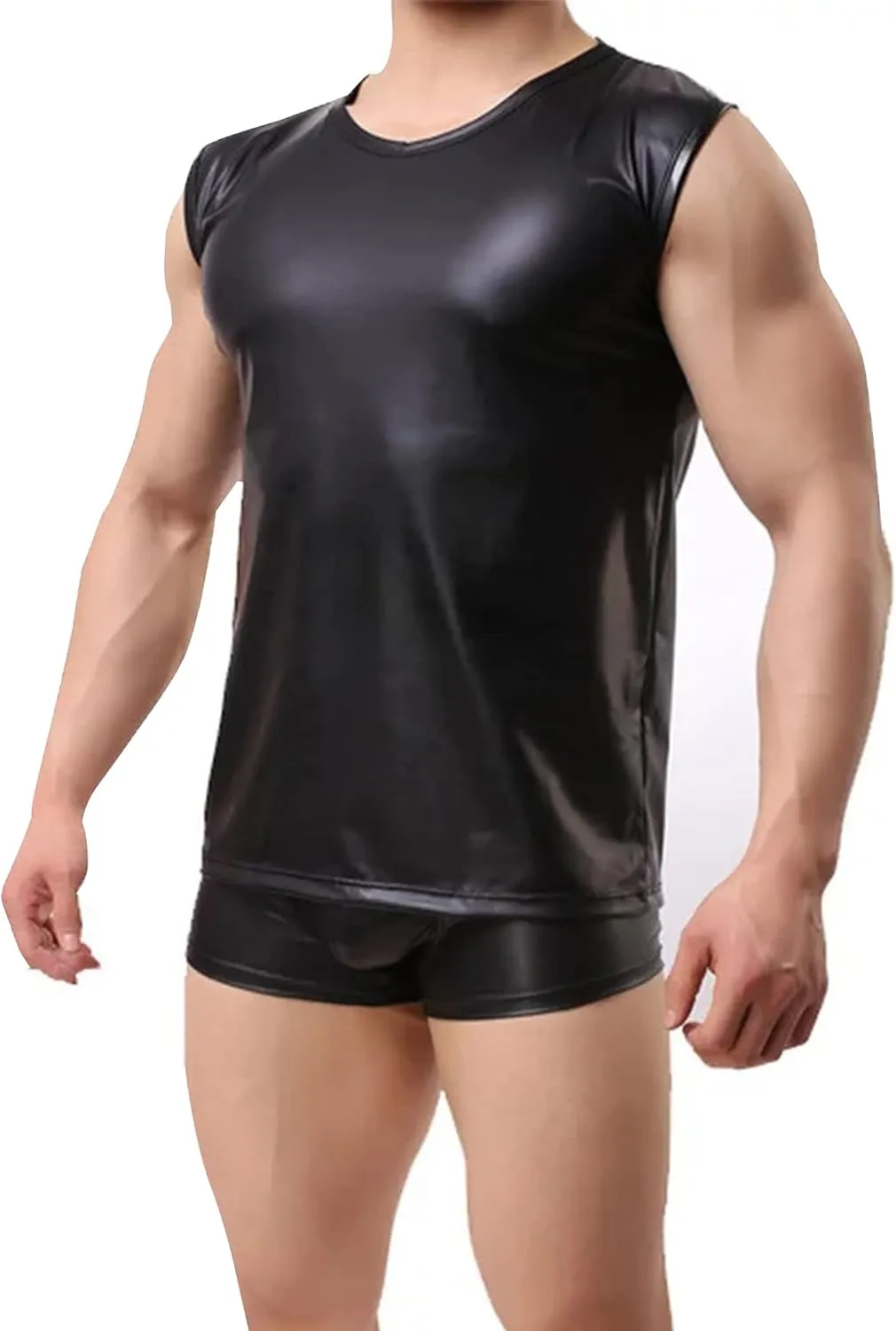 Panegy Men's Black Leather Tshirt Short Sleeve PVC Tunic & Sleeveless Tank Top M-XXL
