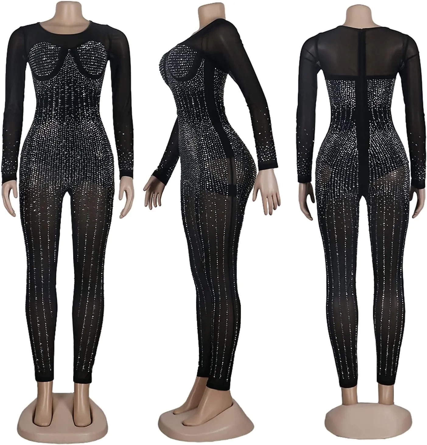 PORRCEY Women Sexy Elegant Rhinestone Mesh See Through Bodycon Jumpsuit Party Club Night Outfits Clubwear