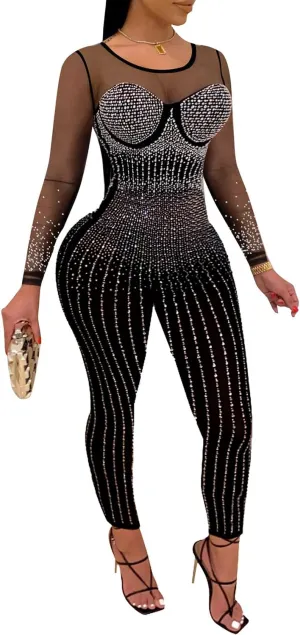 PORRCEY Women Sexy Elegant Rhinestone Mesh See Through Bodycon Jumpsuit Party Club Night Outfits Clubwear