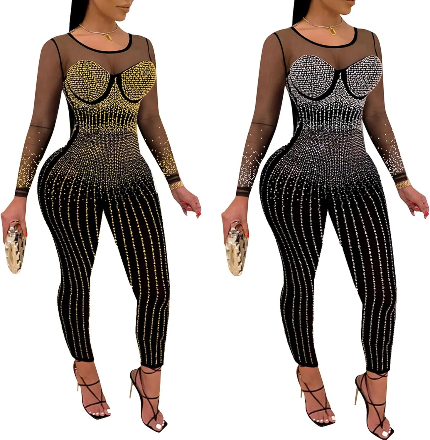 PORRCEY Women Sexy Elegant Rhinestone Mesh See Through Bodycon Jumpsuit Party Club Night Outfits Clubwear