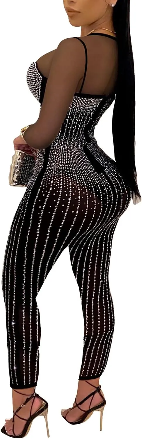 PORRCEY Women Sexy Elegant Rhinestone Mesh See Through Bodycon Jumpsuit Party Club Night Outfits Clubwear