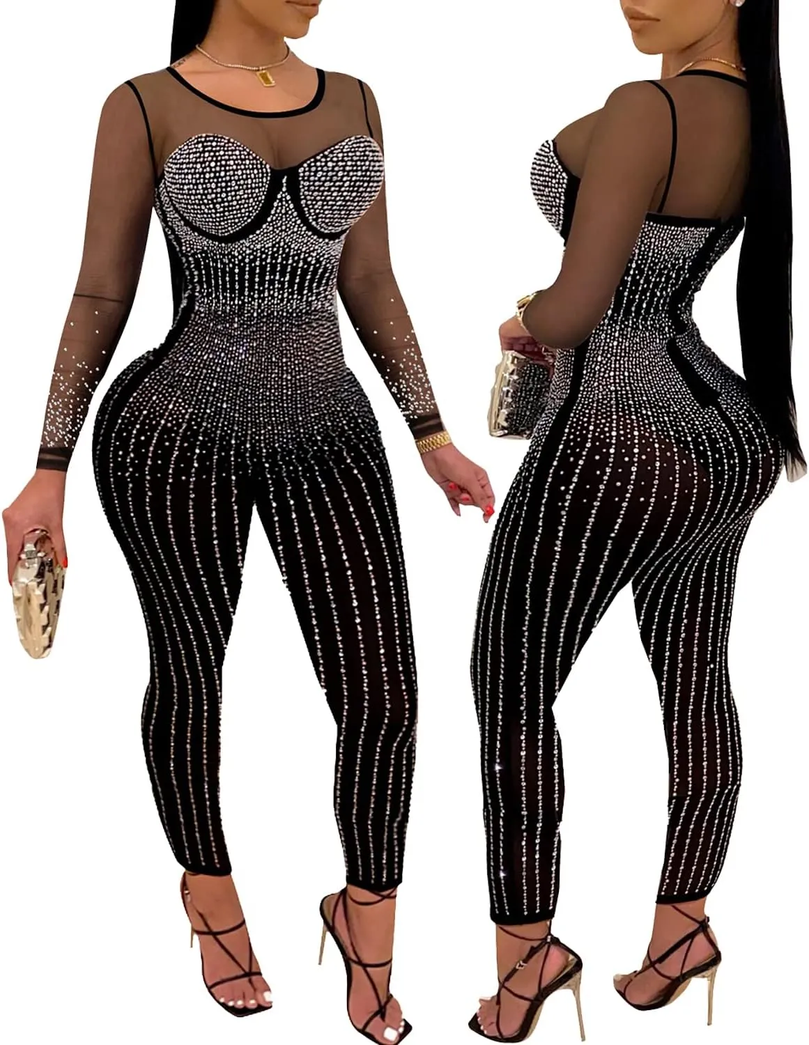 PORRCEY Women Sexy Elegant Rhinestone Mesh See Through Bodycon Jumpsuit Party Club Night Outfits Clubwear