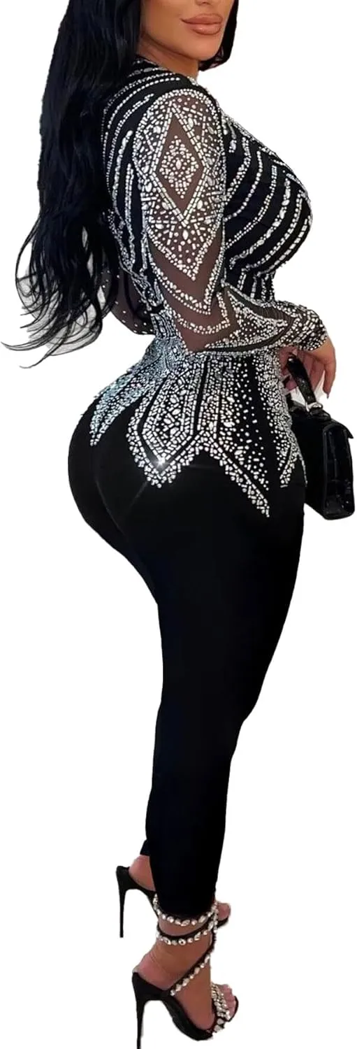 PORRCEY Women Sexy Elegant Rhinestone Mesh See Through Bodycon Jumpsuit Party Club Night Outfits Playsuits