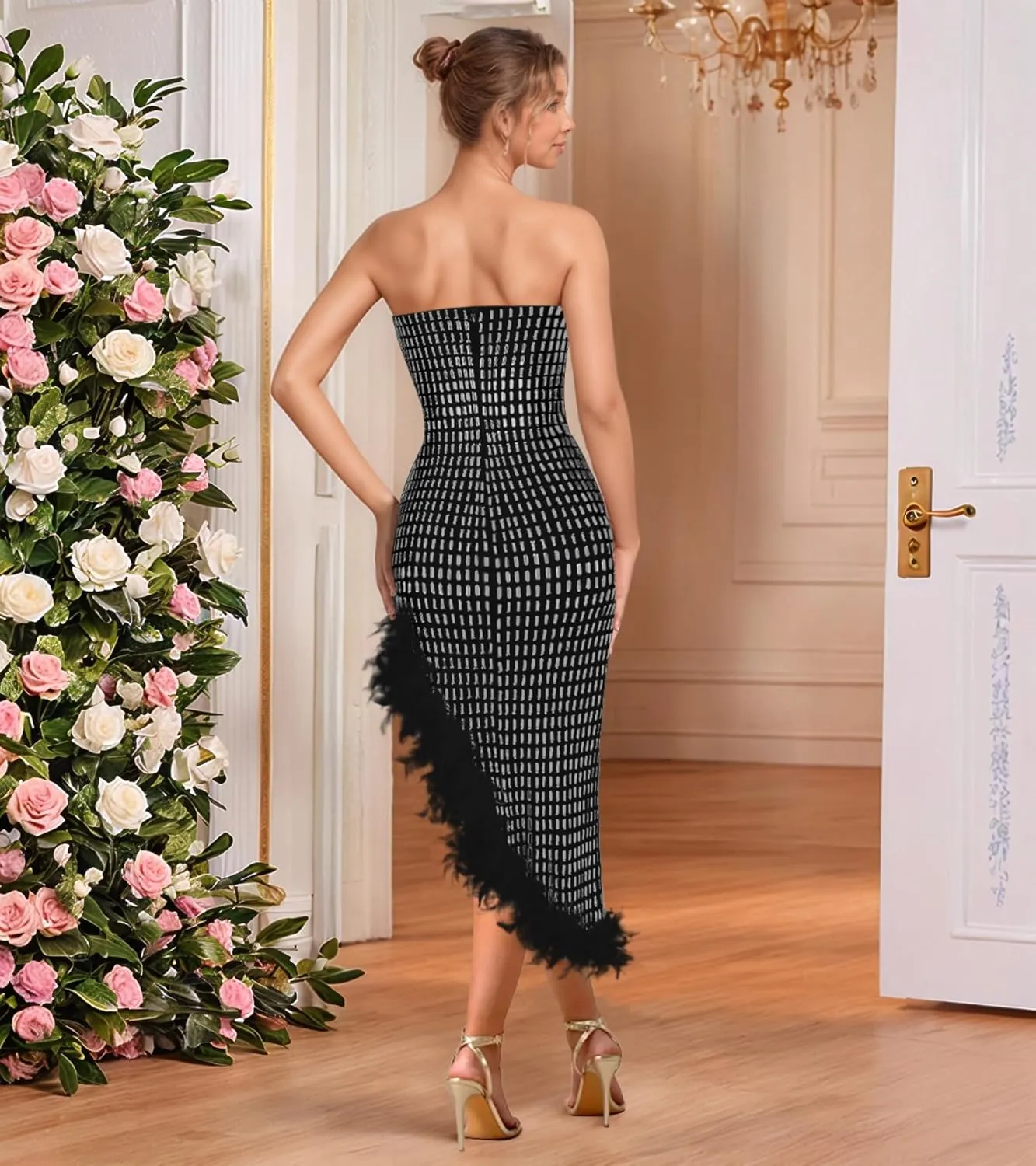 PORRCEY Women's Hot Drilling Craft Sexy Long Sleeve Mesh See Through Party Club Night Rhinestone Dress