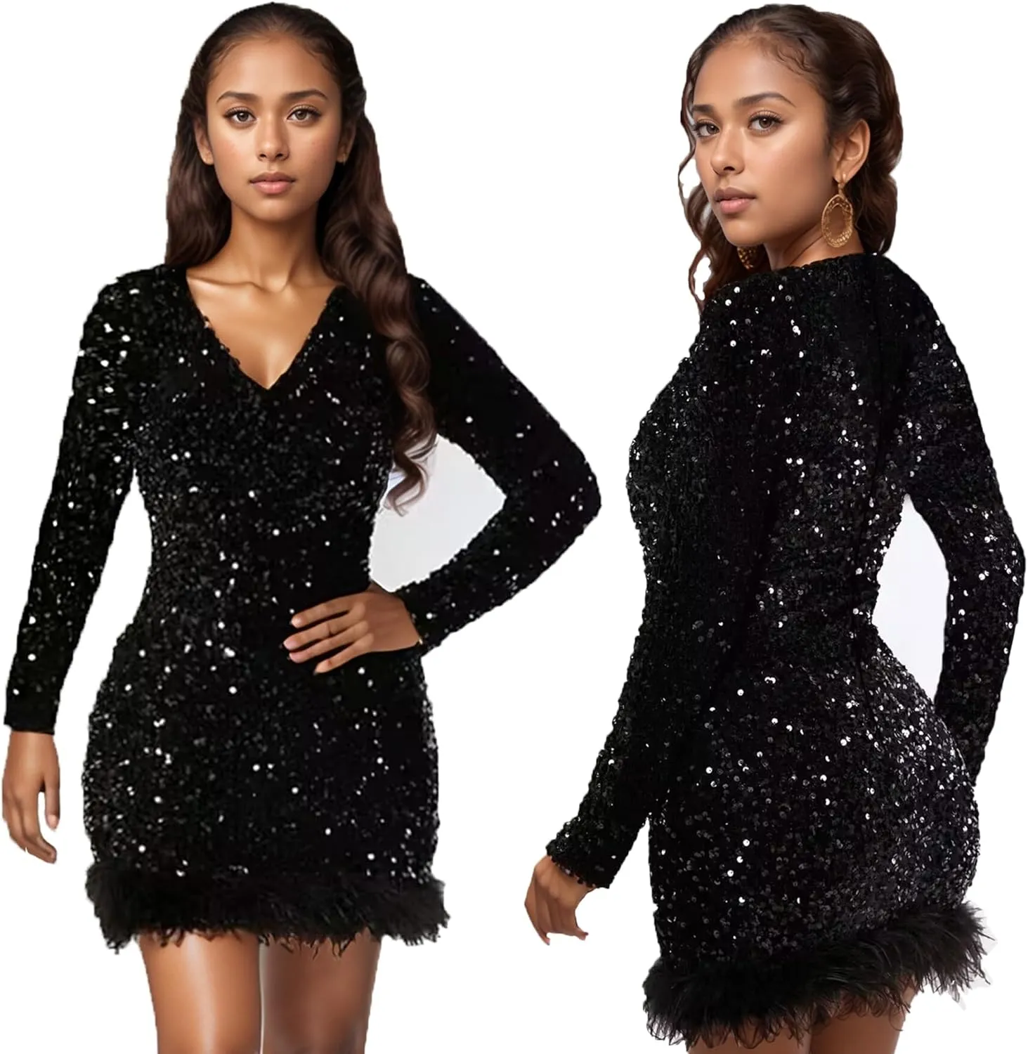 PORRCEY Women's Hot Drilling Craft Sexy Long Sleeve Mesh See Through Party Club Night Rhinestone Dress