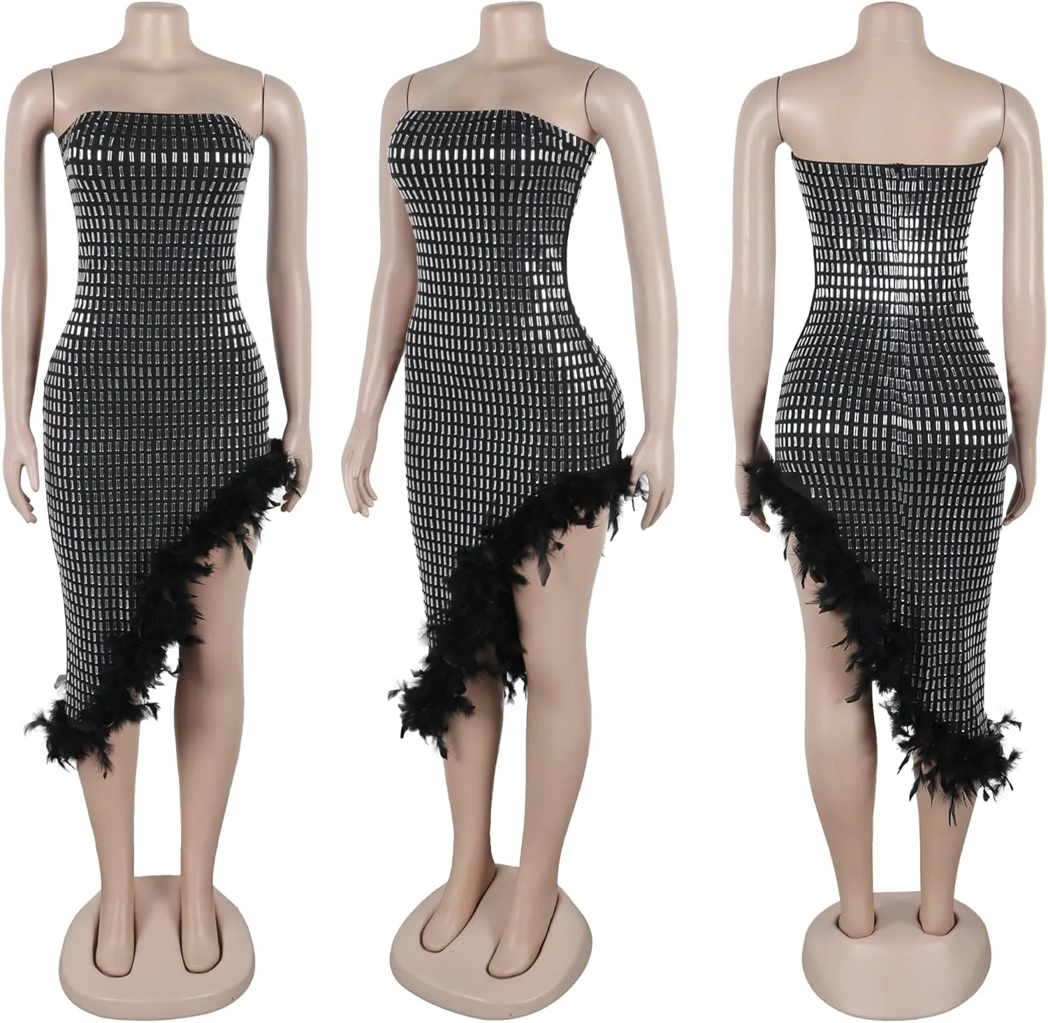 PORRCEY Women's Hot Drilling Craft Sexy Long Sleeve Mesh See Through Party Club Night Rhinestone Dress
