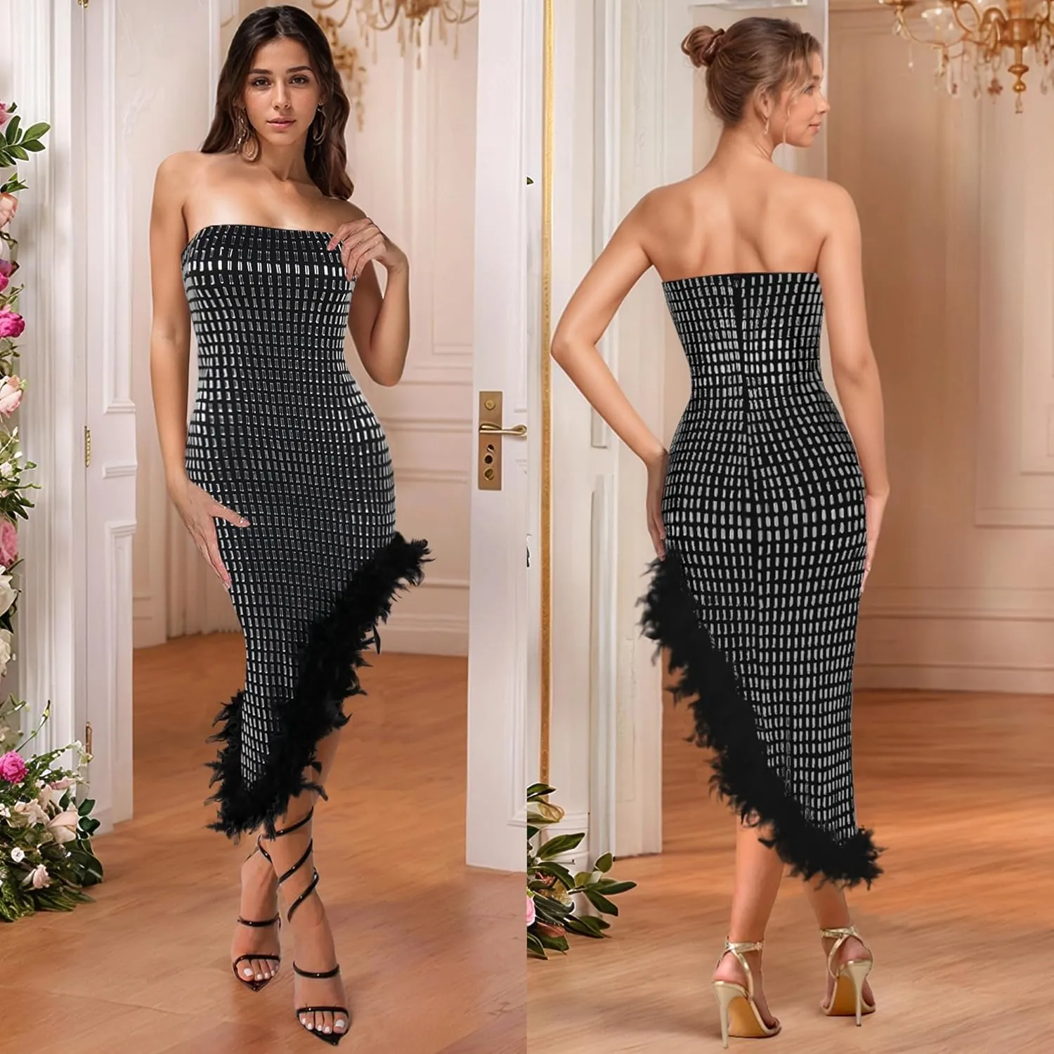 PORRCEY Women's Hot Drilling Craft Sexy Long Sleeve Mesh See Through Party Club Night Rhinestone Dress