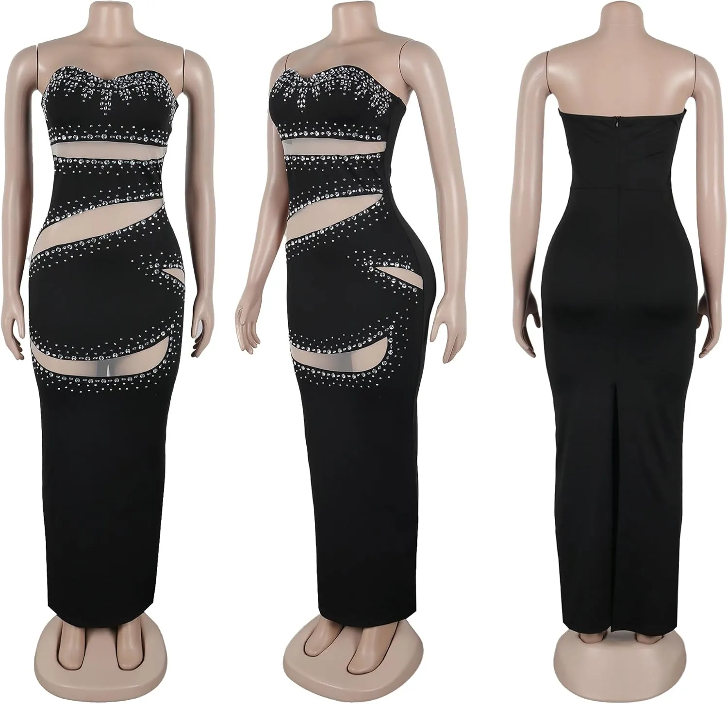 PORRCEY Women's Hot Drilling Craft Sexy Long Sleeve Mesh See Through Party Club Night Rhinestone Dress
