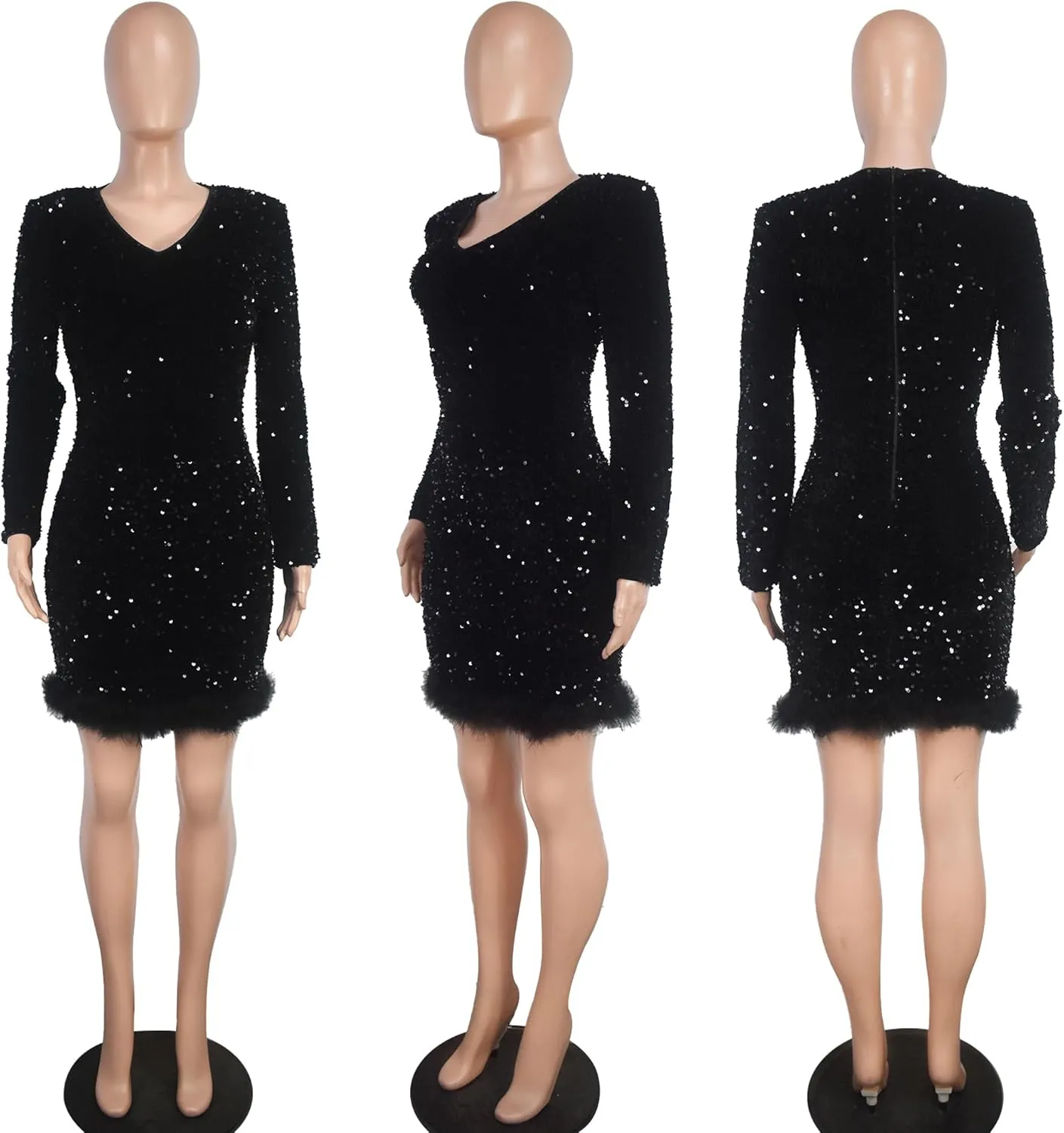 PORRCEY Women's Hot Drilling Craft Sexy Long Sleeve Mesh See Through Party Club Night Rhinestone Dress