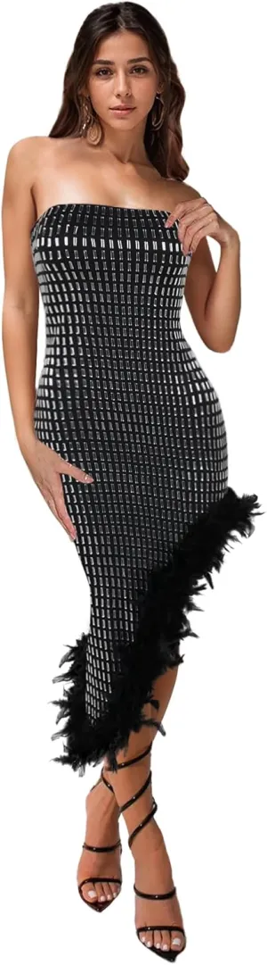PORRCEY Women's Hot Drilling Craft Sexy Long Sleeve Mesh See Through Party Club Night Rhinestone Dress