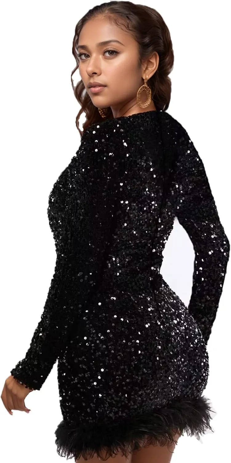 PORRCEY Women's Hot Drilling Craft Sexy Long Sleeve Mesh See Through Party Club Night Rhinestone Dress