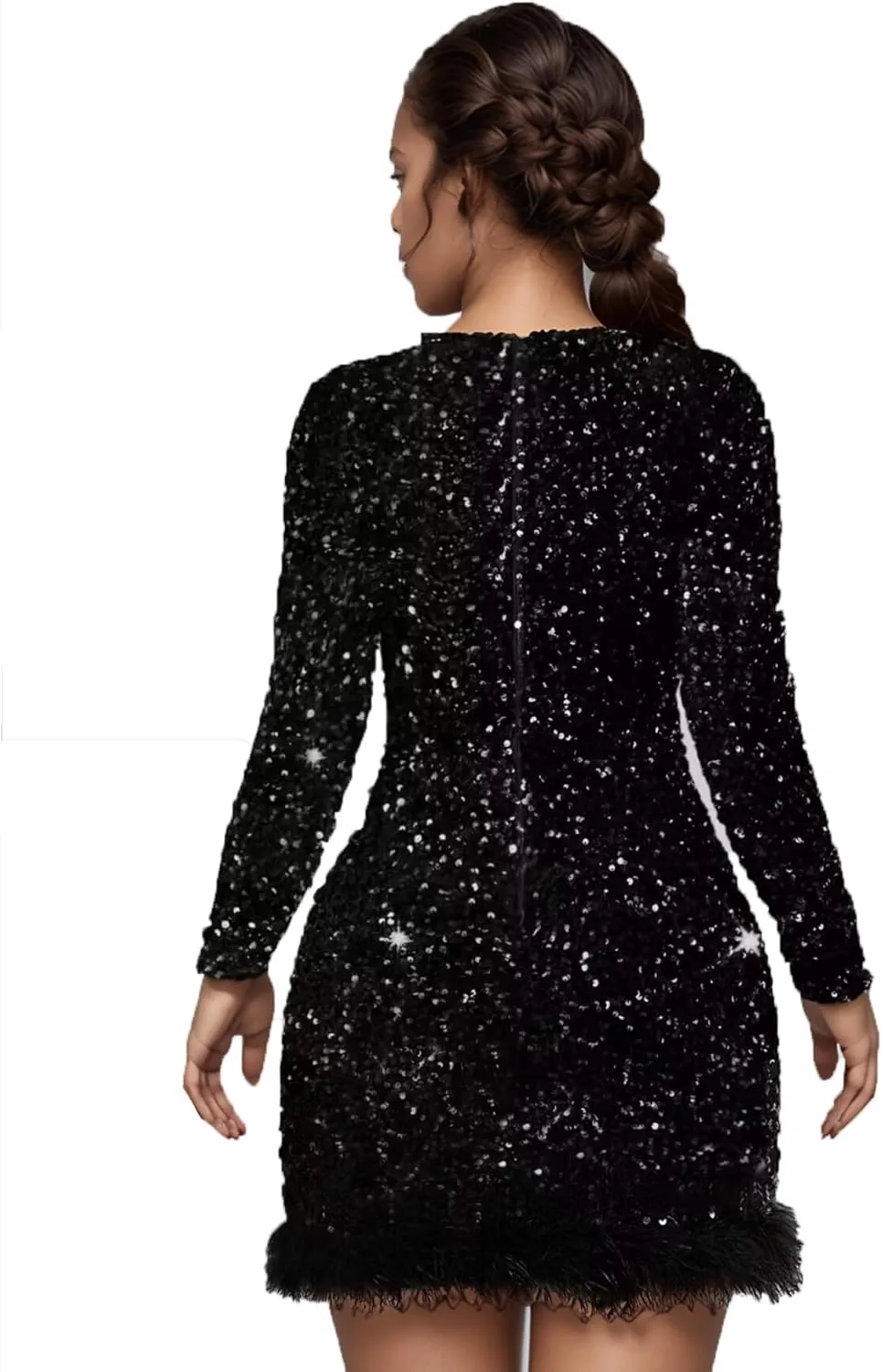 PORRCEY Women's Hot Drilling Craft Sexy Long Sleeve Mesh See Through Party Club Night Rhinestone Dress