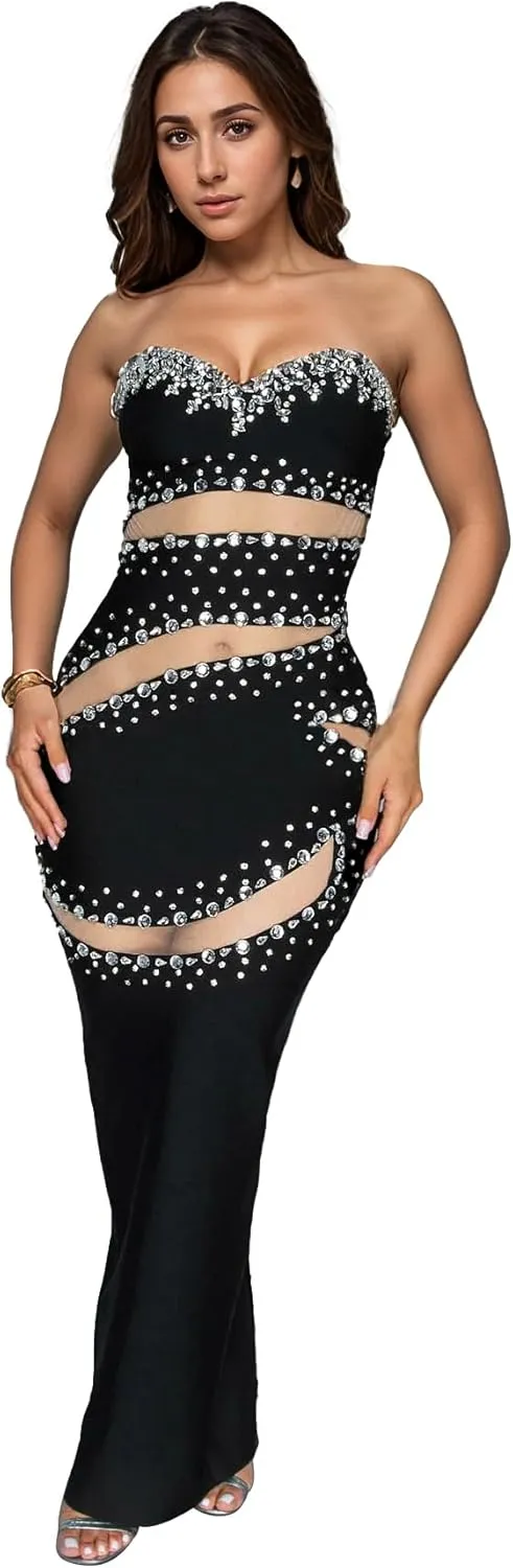 PORRCEY Women's Hot Drilling Craft Sexy Long Sleeve Mesh See Through Party Club Night Rhinestone Dress