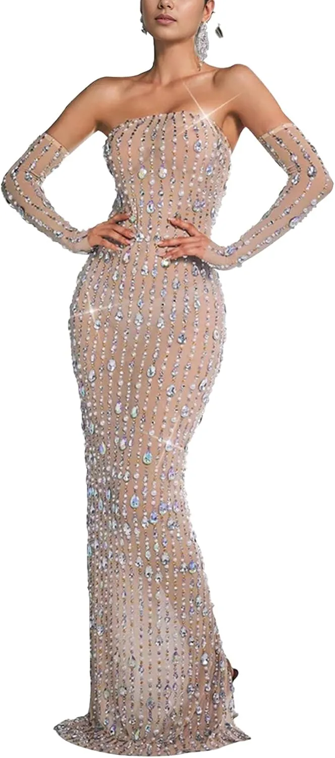 PORRCEY Women's Hot Drilling Craft Sexy Long Sleeve Mesh See Through Party Club Night Rhinestone Dress