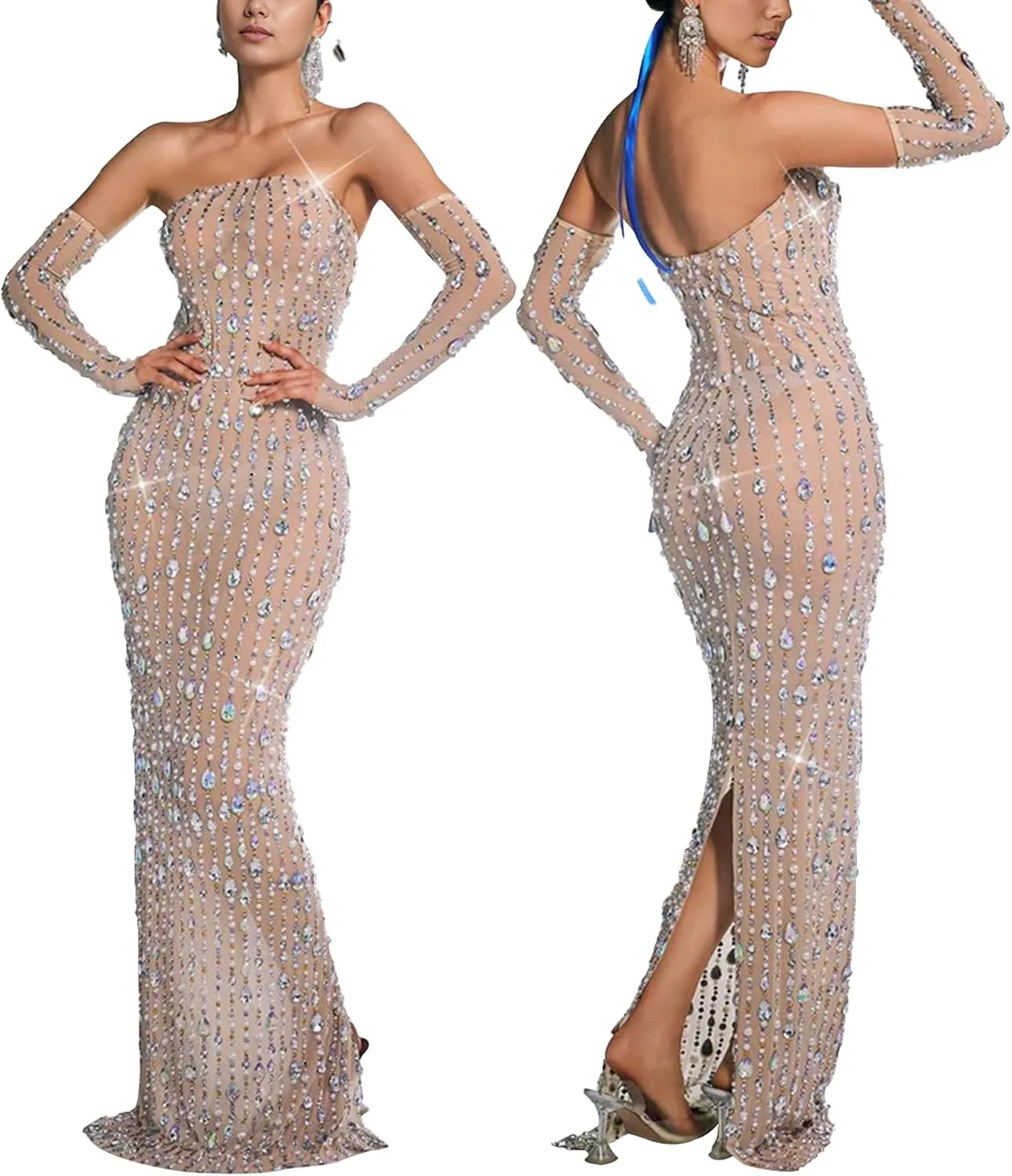 PORRCEY Women's Hot Drilling Craft Sexy Long Sleeve Mesh See Through Party Club Night Rhinestone Dress