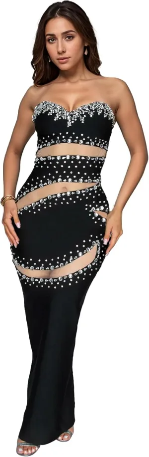 PORRCEY Women's Hot Drilling Craft Sexy Long Sleeve Mesh See Through Party Club Night Rhinestone Dress