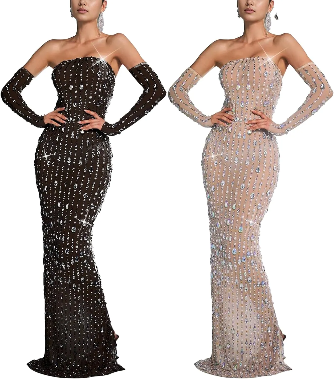 PORRCEY Women's Hot Drilling Craft Sexy Long Sleeve Mesh See Through Party Club Night Rhinestone Dress