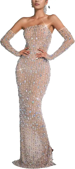 PORRCEY Women's Hot Drilling Craft Sexy Long Sleeve Mesh See Through Party Club Night Rhinestone Dress