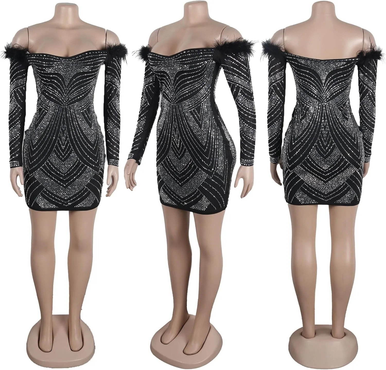 PORRCEY Women's Sexy Elegant Rhinestone Long Sleeve Night Club Dress Party Clubwear Sparkly Evening Dress