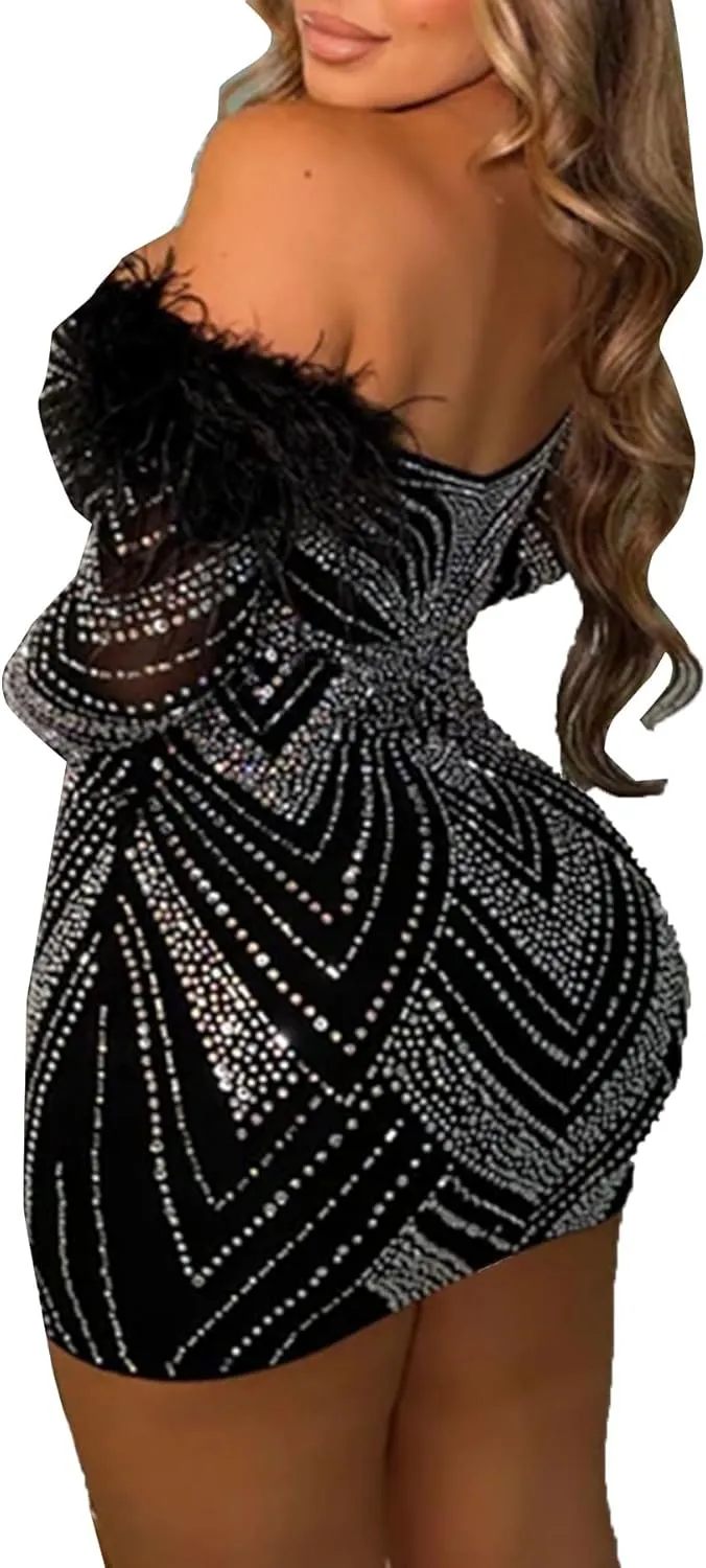 PORRCEY Women's Sexy Elegant Rhinestone Long Sleeve Night Club Dress Party Clubwear Sparkly Evening Dress