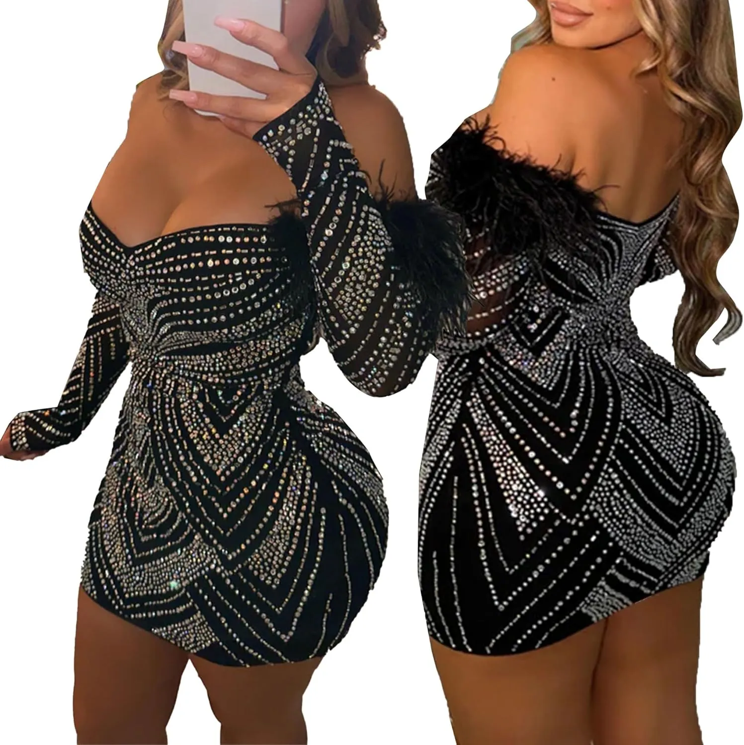 PORRCEY Women's Sexy Elegant Rhinestone Long Sleeve Night Club Dress Party Clubwear Sparkly Evening Dress