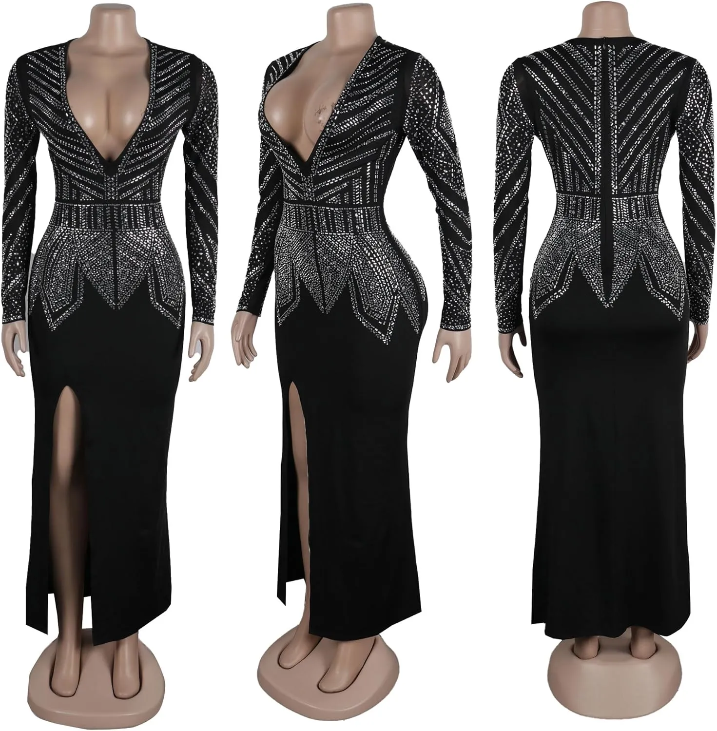 PORRCEY Women's Sexy Elegant Rhinestone Long Sleeve Night Club Dress Party Clubwear Sparkly Evening Dress