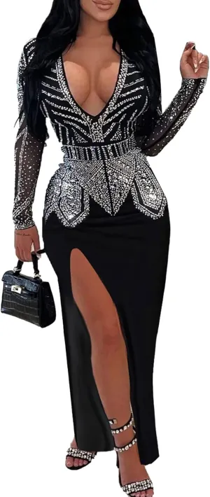 PORRCEY Women's Sexy Elegant Rhinestone Long Sleeve Night Club Dress Party Clubwear Sparkly Evening Dress