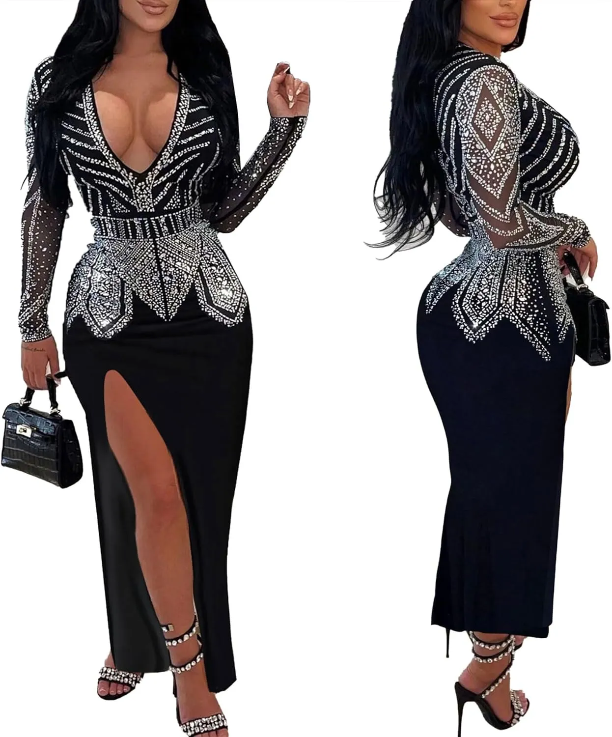 PORRCEY Women's Sexy Elegant Rhinestone Long Sleeve Night Club Dress Party Clubwear Sparkly Evening Dress