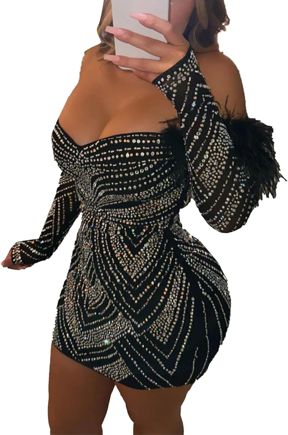PORRCEY Women's Sexy Elegant Rhinestone Long Sleeve Night Club Dress Party Clubwear Sparkly Evening Dress