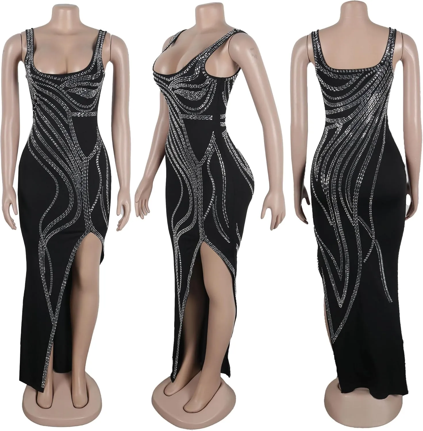 PORRCEY Women's Sexy Elegant Rhinestone Sleeveless Party Club Night Hot Drilling Clubwear Evening Dresses