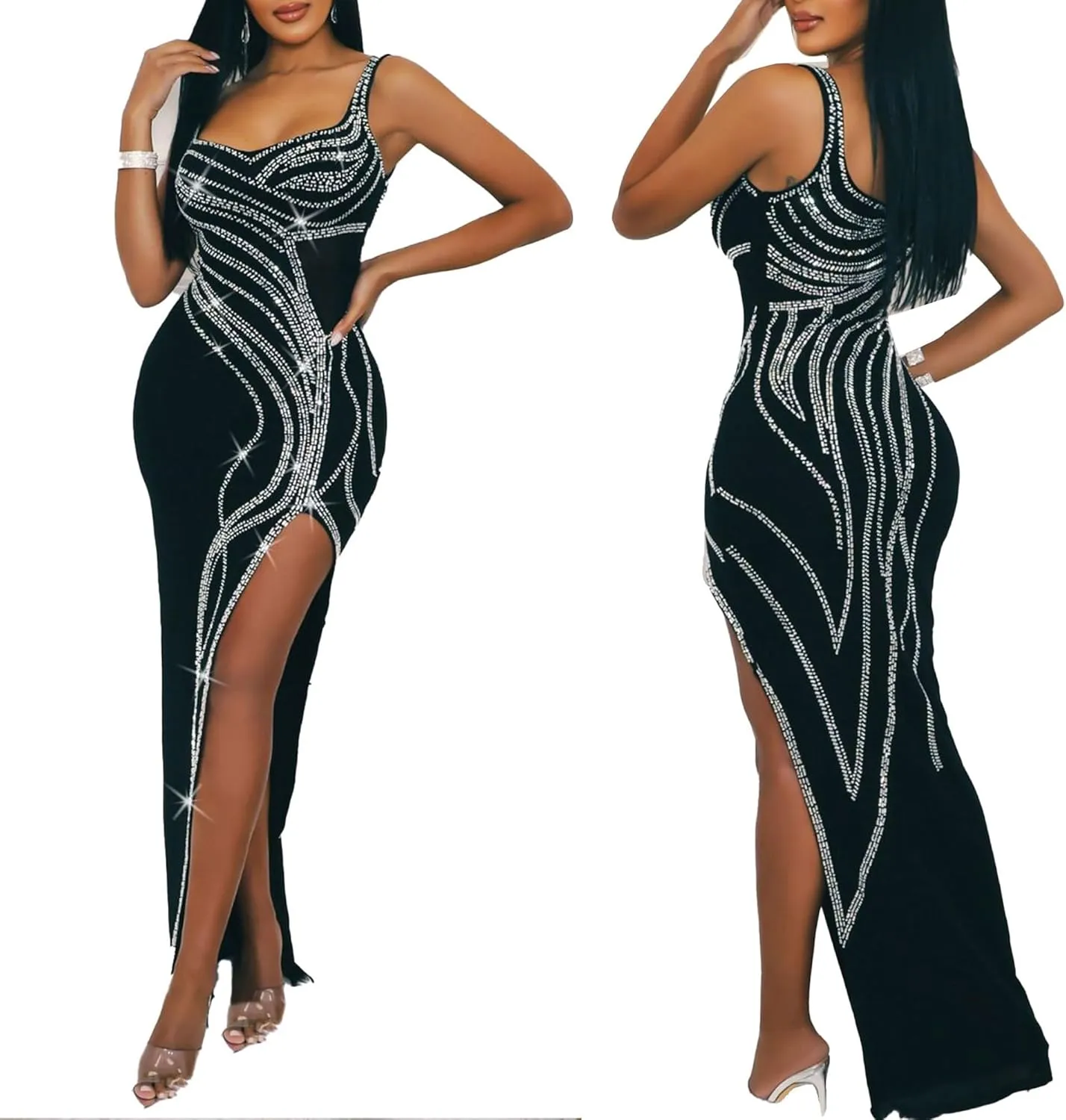 PORRCEY Women's Sexy Elegant Rhinestone Sleeveless Party Club Night Hot Drilling Clubwear Evening Dresses