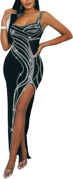 PORRCEY Women's Sexy Elegant Rhinestone Sleeveless Party Club Night Hot Drilling Clubwear Evening Dresses