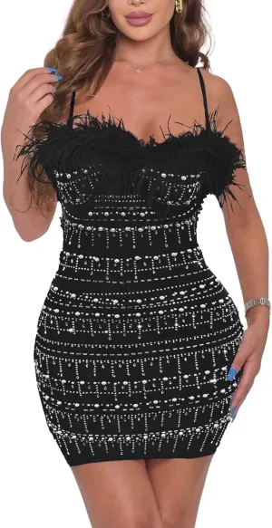 PORRCEY Women's Sexy Elegant Rhinestone Sleeveless Party Club Night Hot Drilling Clubwear Evening Dresses