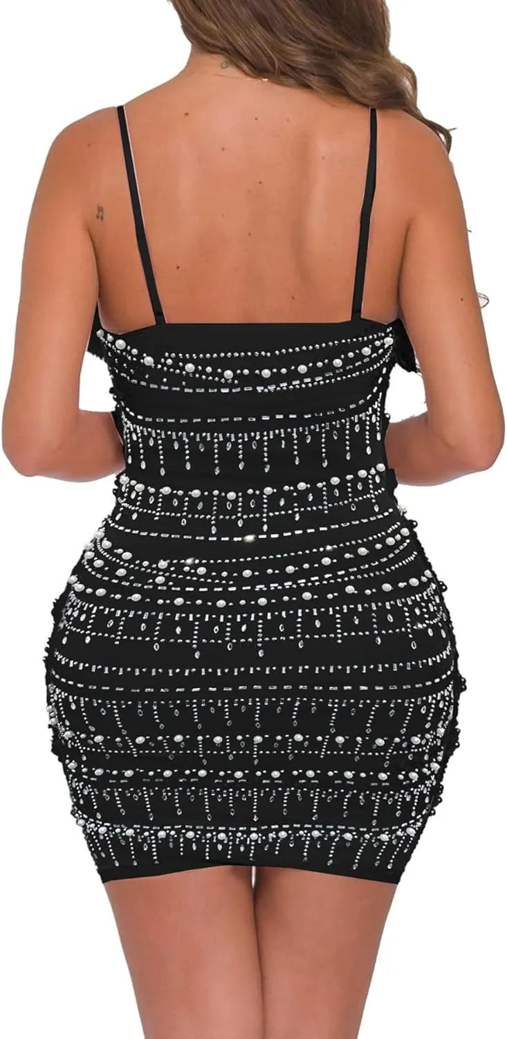 PORRCEY Women's Sexy Elegant Rhinestone Sleeveless Party Club Night Hot Drilling Clubwear Evening Dresses
