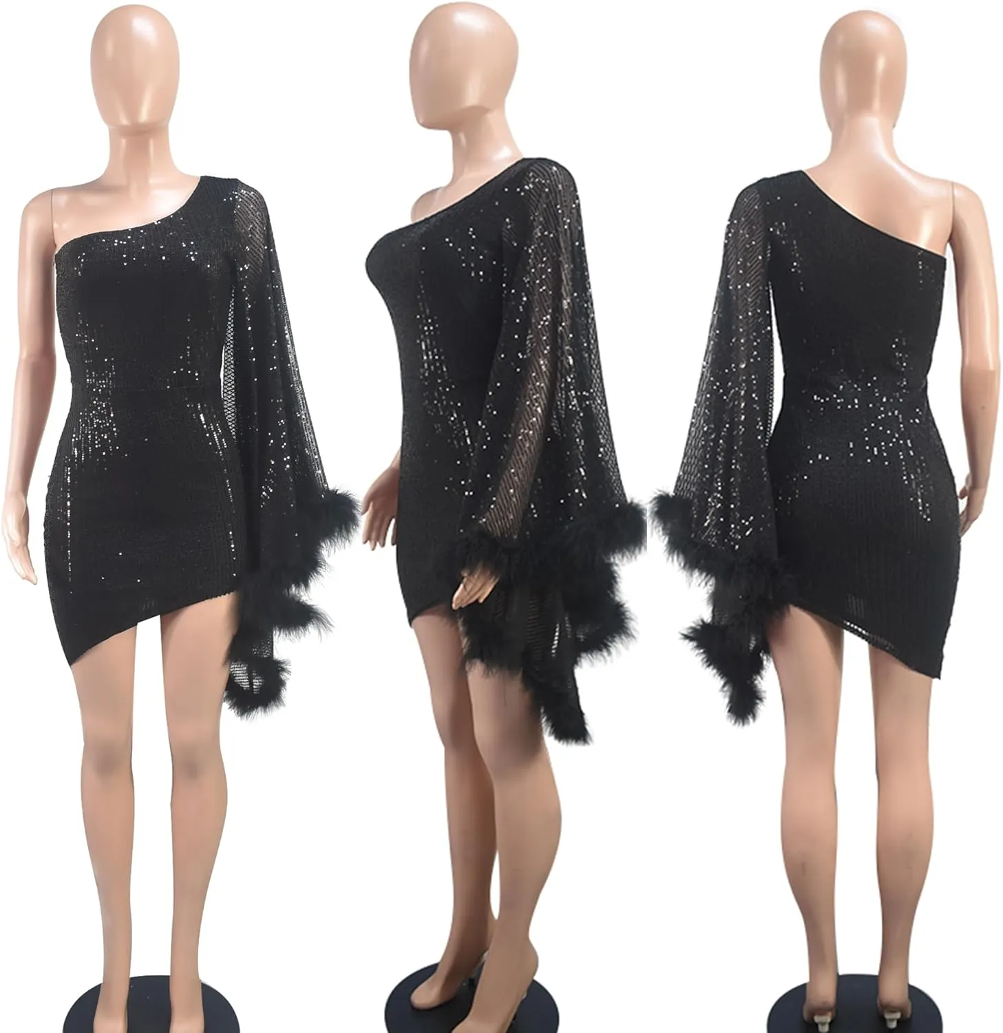 PORRCEY Women's Sexy Elegant Sequins Mesh See Through Bodycon Birthday Party Club Night Mini Dress
