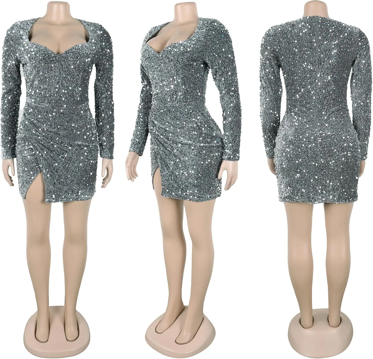 PORRCEY Women's Sexy Elegant Sequins Mesh See Through Bodycon Birthday Party Club Night Mini Dress