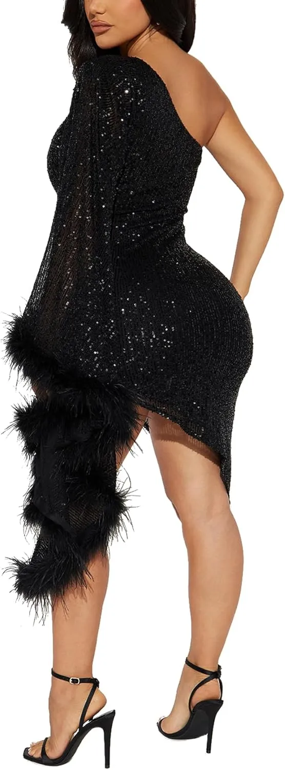 PORRCEY Women's Sexy Elegant Sequins Mesh See Through Bodycon Birthday Party Club Night Mini Dress