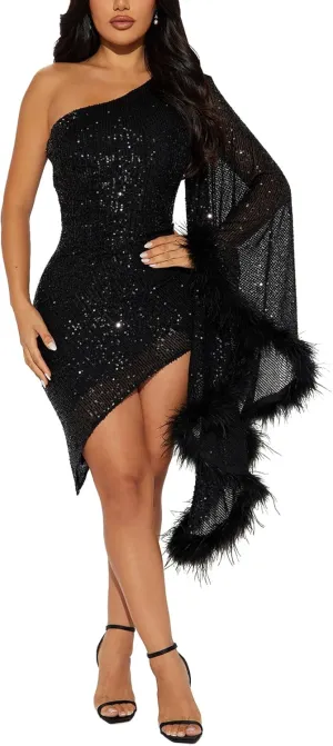 PORRCEY Women's Sexy Elegant Sequins Mesh See Through Bodycon Birthday Party Club Night Mini Dress