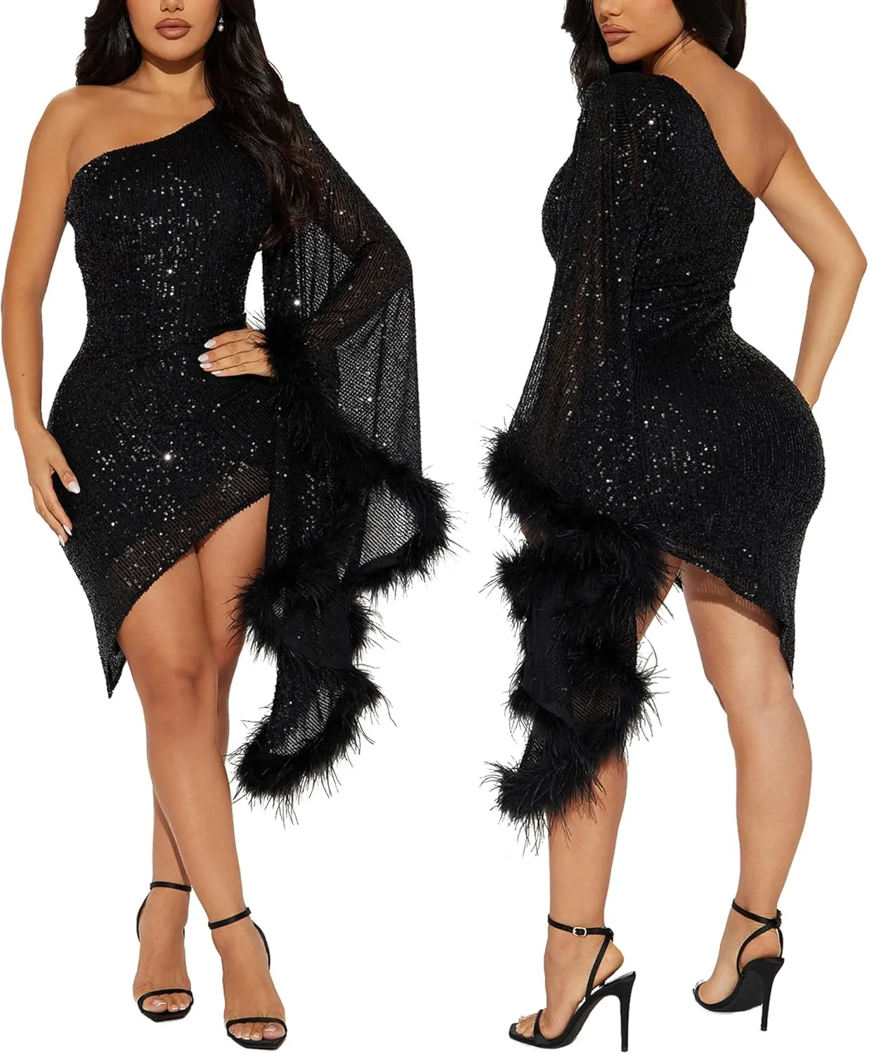 PORRCEY Women's Sexy Elegant Sequins Mesh See Through Bodycon Birthday Party Club Night Mini Dress