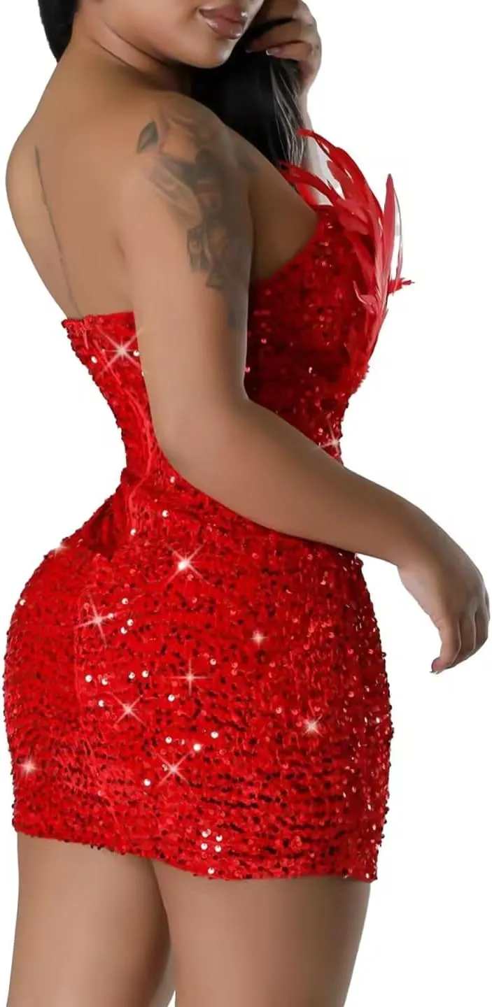 PORRCEY Women's Sexy Elegant Sequins Mesh See Through Bodycon Birthday Party Club Night Mini Dress