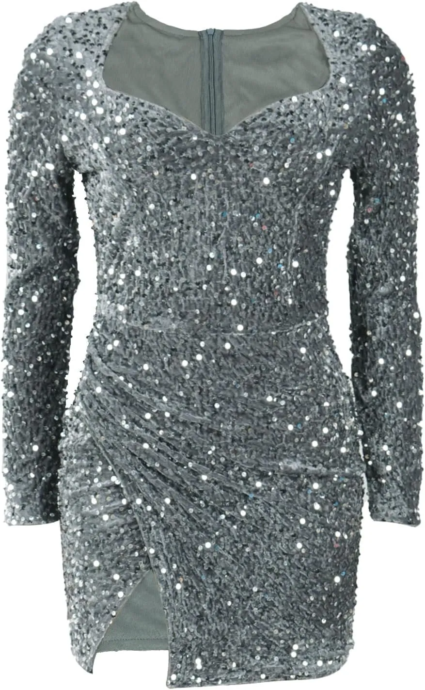 PORRCEY Women's Sexy Elegant Sequins Mesh See Through Bodycon Birthday Party Club Night Mini Dress