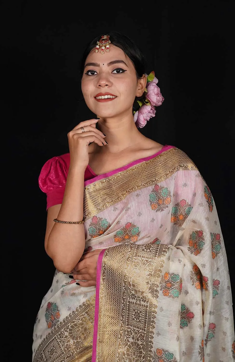 Prestitched Beige Banarasi Jaal work zari woven butis and ornate border with beautiful Pallu one minute saree