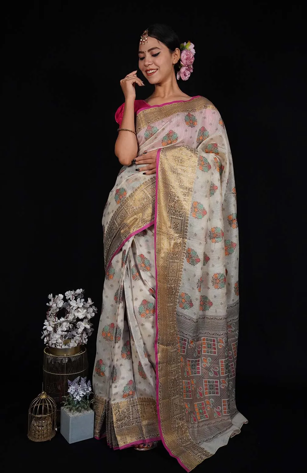 Prestitched Beige Banarasi Jaal work zari woven butis and ornate border with beautiful Pallu one minute saree