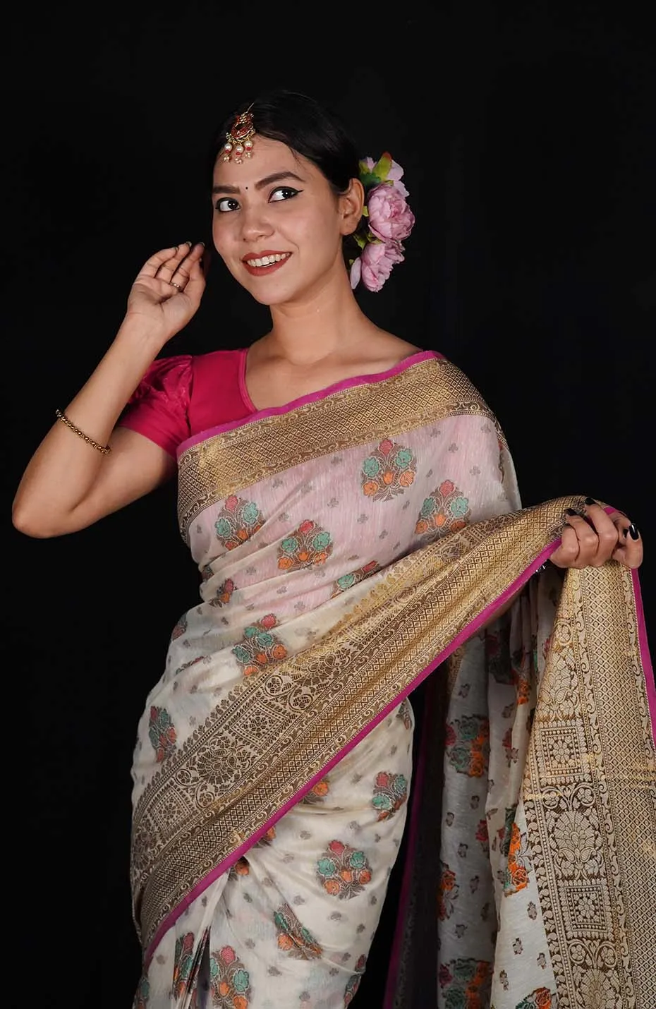 Prestitched Beige Banarasi Jaal work zari woven butis and ornate border with beautiful Pallu one minute saree