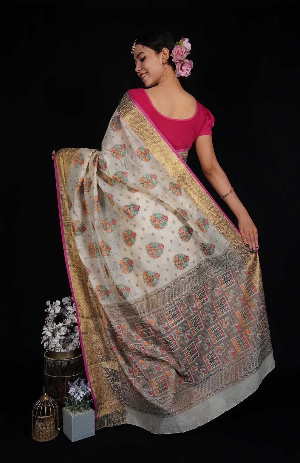 Prestitched Beige Banarasi Jaal work zari woven butis and ornate border with beautiful Pallu one minute saree
