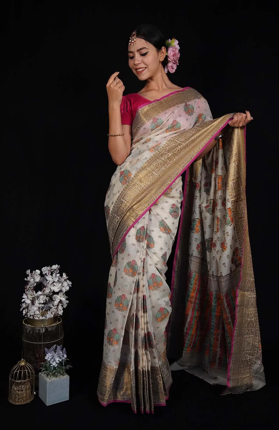 Prestitched Beige Banarasi Jaal work zari woven butis and ornate border with beautiful Pallu one minute saree